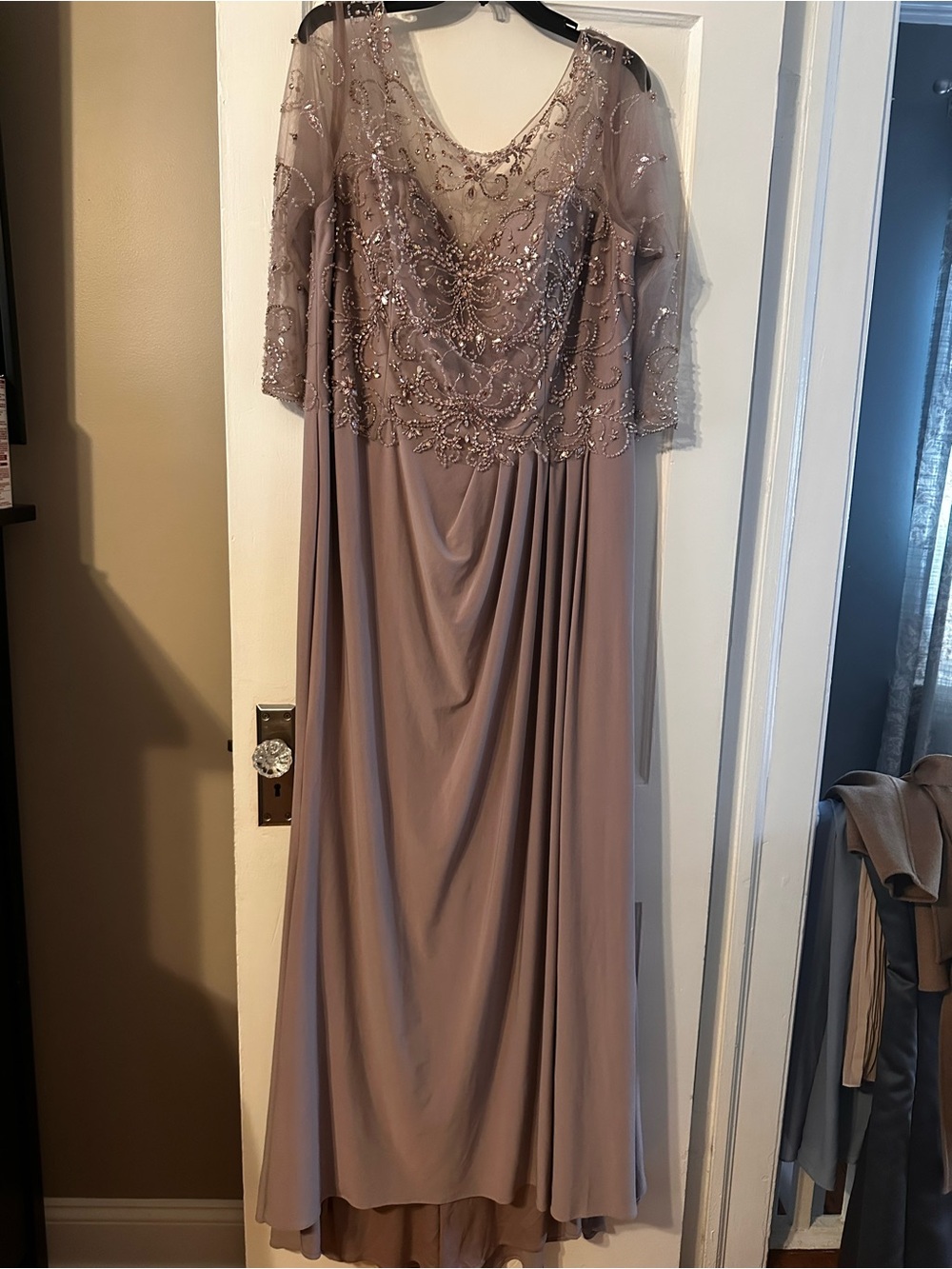 Embroidered Mesh Bodice Evening Dress in Mauve